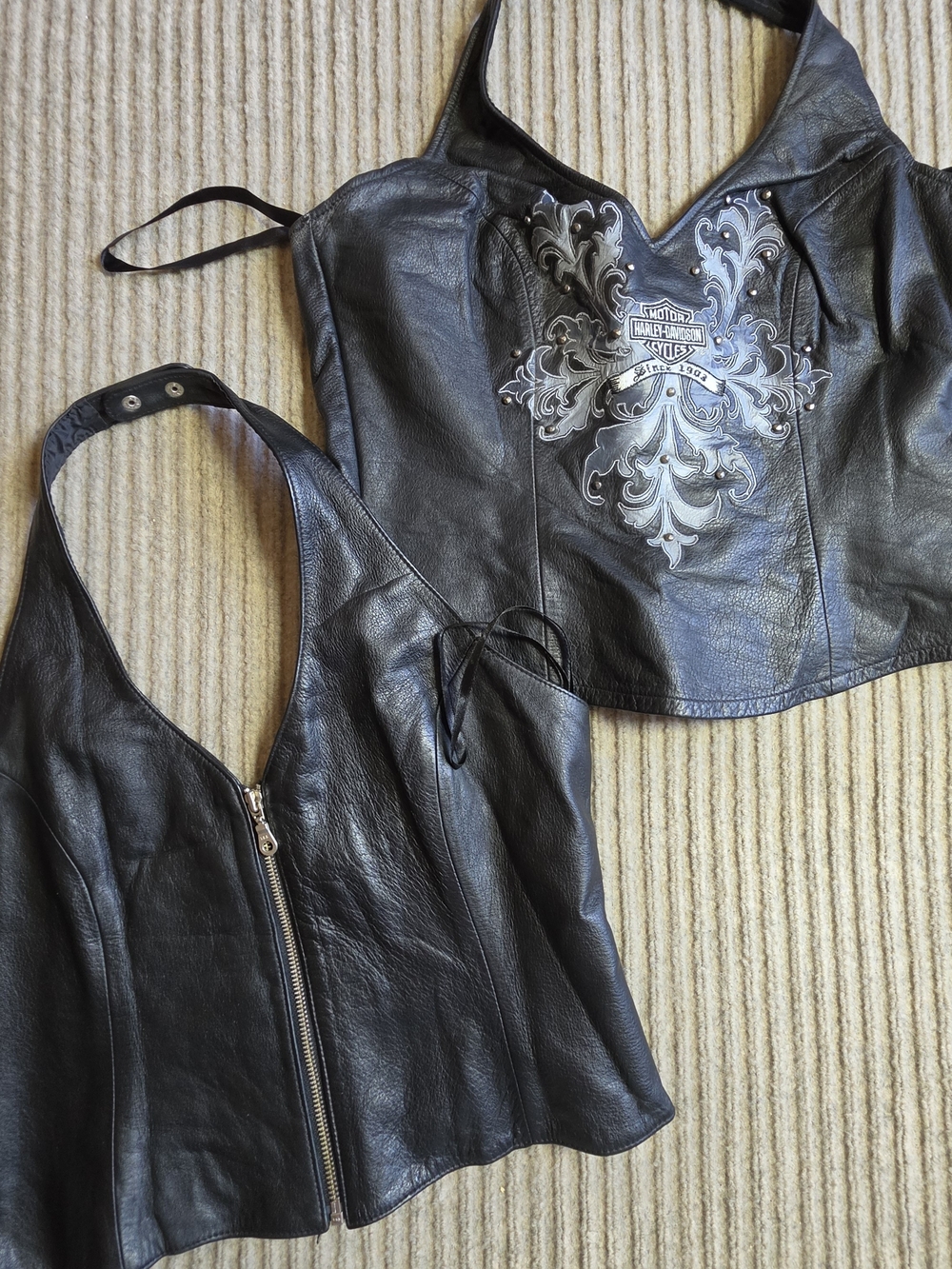 Vintage Lot Of 2 Leather Halter Tops Harley Davidson Top Studded Large & XL Top